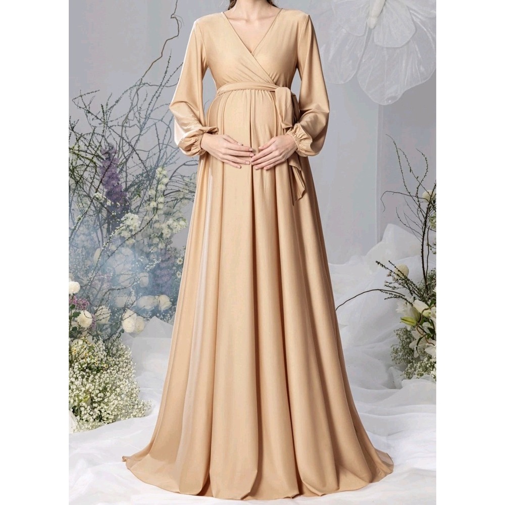 FAERIESTY Surplice Neck A Line Maternity Belted Dress Sz L Champagne MSRP $100